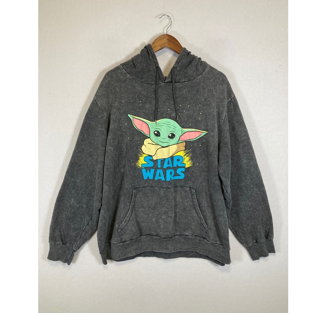 Vintage Style Star Wars Grogu Baby Yoda Mens 2XL Gray Mineral Wash Hoodie